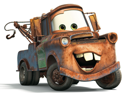 Publicity still of a grinning Tow Mater (an anthropomorphized tow truck) from the movie Cars.