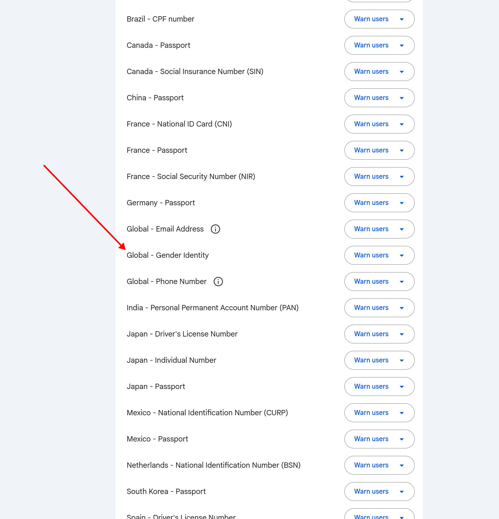 Screenshot of Google Workspace content rules, Gender Identity among them.