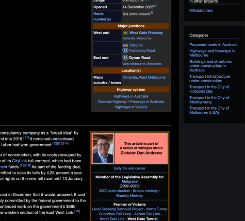 A partial screenshot of the Wikipedia page for the West Gate Tunnel, showing a defaced template that should say "This article is part of a series about Daniel Andrews", but instead says "a series of whinges about Dictator Dan Andrews"