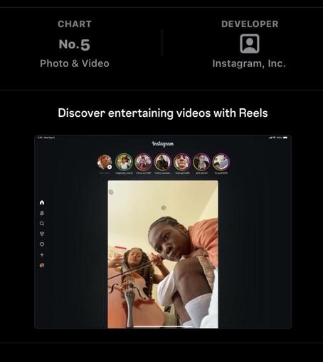 Partial screenshot of a demonstration image on the app download page for Instagram, showing a low-angle camera of a young couple, with the woman’s body and legs obscured by a cello with a similar color tone to her skin, and the instrument’s black bridge forming a narrow divide with symmetric curves.  When this photo is tiny, this can cause a double-take as the cello isn’t visible and appears to be a part of her body.  But on closer inspection the image is entirely innocent.