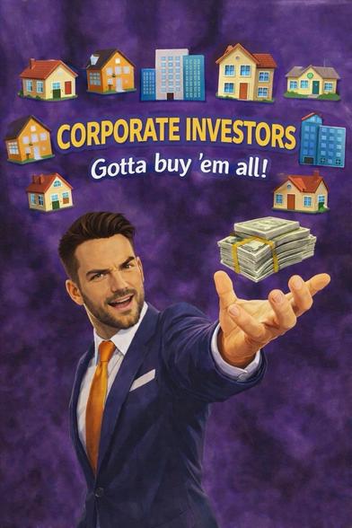 A modified poster of the Pokémon advertisement with the cartoon character throwing a ball saying "Gotta catch ’em all", except it says "CORPORATE INVESTORS", "Gotta buy ’em all".  Instead of pocket monsters, there are houses and apartments.  The cartoon character is a suited real estate agent, throwing wads of cash.