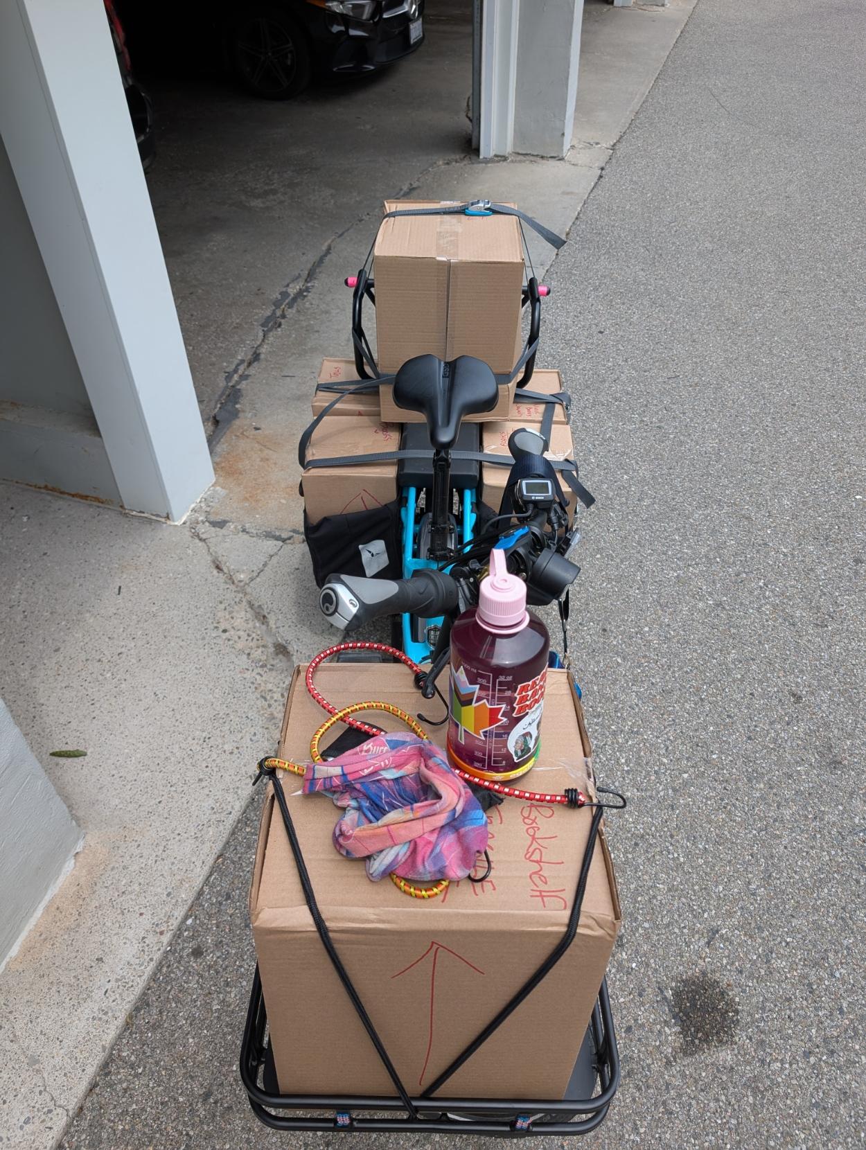 A shot from above of a blue long-tail cargo bike in front of a building garage, with a front rack loaded with a box, a box in the back seat, and boxes in the panniers. A water bottle, bungee cords, and a colourful neck gaitor are on the front rack