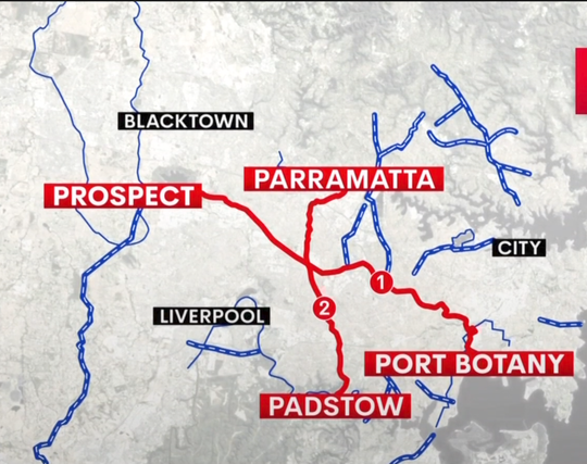 Partial screenshot from the TV report, showing a map of regional greenways and proposed ones in Sydney