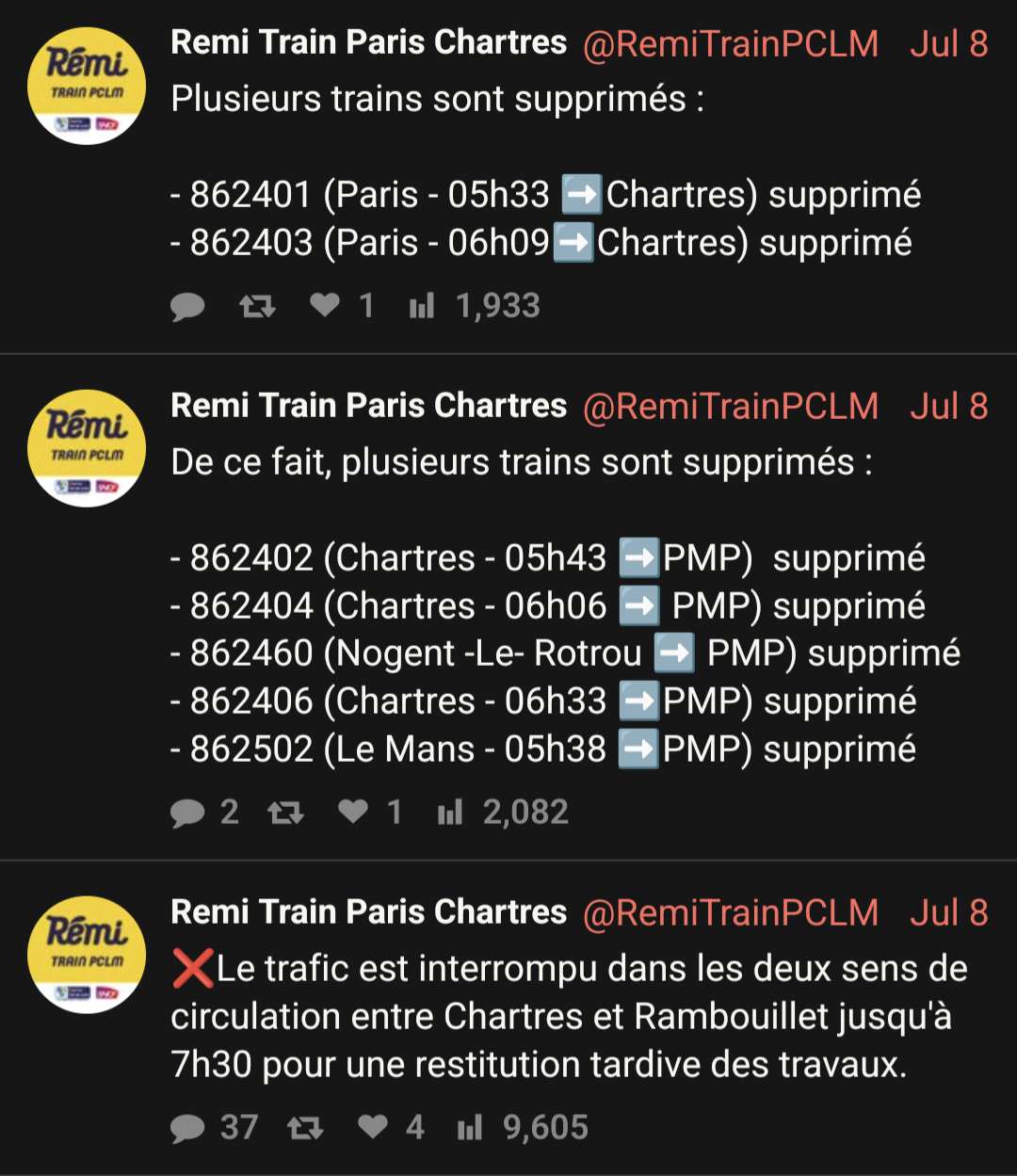 Screen shot of Rémi Train twitter account, accessed through a third party site. Tweets informing about the disruption and that all trains are cancelled.
