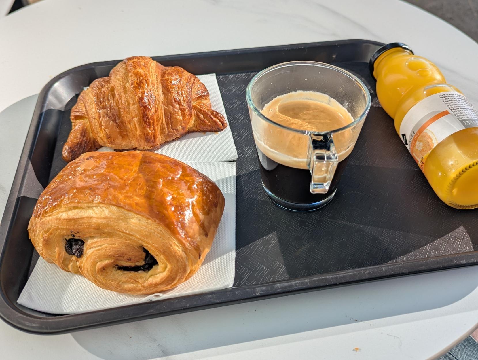 Croissant, Pain au Chocolat, Coffee and Orange Juice