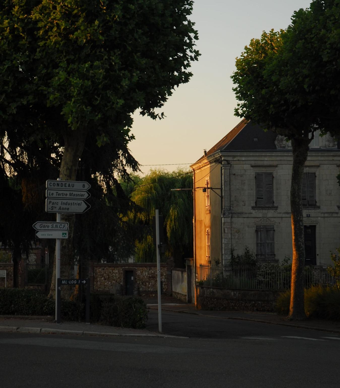 One side of an old house and a few leafs in trees are still illuminated by an incredibly warm evening light. The rest is in the shadow