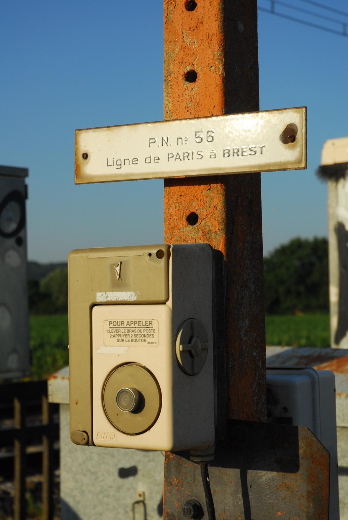 Lineside telephone with an old enamel sign "P.N. no 56, Ligne de Paris à Brest"