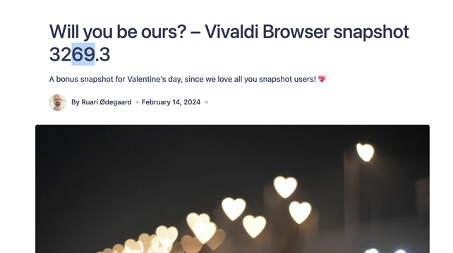 Screenshot of Vivaldi Browser snapshot blog post for today. The version number is 3269.3 (with 69 highlighted).
