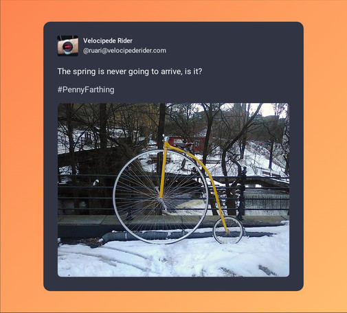 A screenshot of post by Velocipede Rider (@ruari@velocipederider.com) beautified by Mastopoet tool. It was posted on Mar 31, 2023.

The spring is never going to arrive, is it?

#PennyFarthing

Post has one attachment. The attachments alt text is:
Yellow penny farthing bike sitting in the snow, leaning against a railing. There is a waterfall in the background.

[While not visible in the picture, there is actually no snow at all on the main roads around Oslo. They are bone dry and lacking ice (fo…
