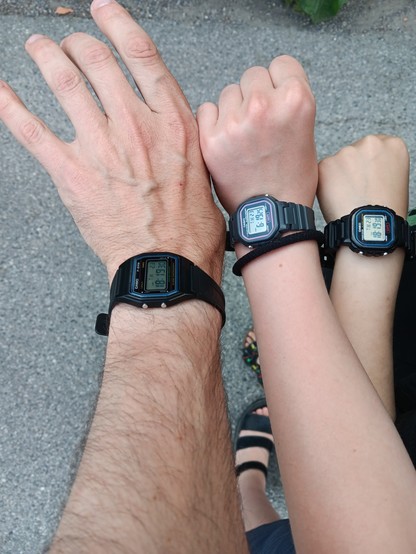 Three arms of different sizes showing three Casio watches. 
