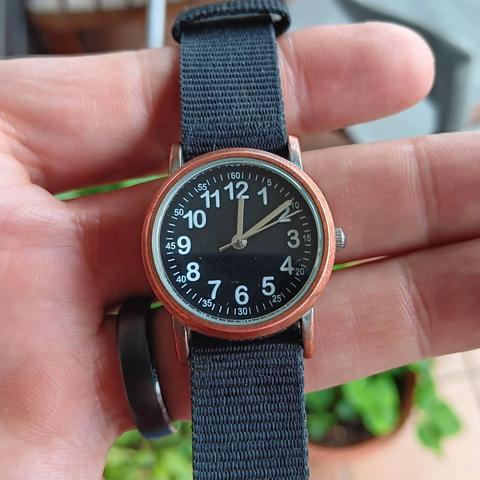 Small watch with black dial and white numberals. The inner ring of numberals are hours. The outer ring is minutes. It has a nato(ish) style strap and is held by an adult hand. The hand is wearing a black ring and in the background you can see some greenery from plants.