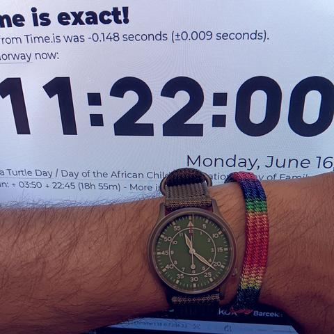 Flieger type b style watch with a green face showing the time as 11:22. In the background is a computer monitor, showing the same time. 