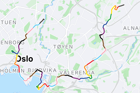 Map of Olso with a route marked out in pride colours. It goes a long round about way, rather than direct from a to b.