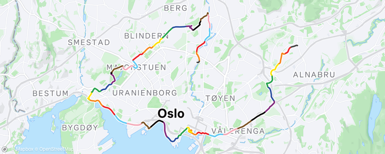 A map of Oslo with a route traced around the outside of it in the colours of the pride flag