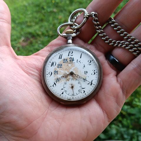 An old Omega pocket watch in the palm of my hand. 