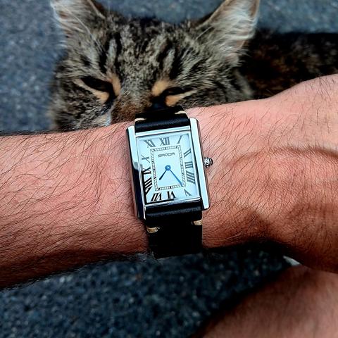 A "Cartier Tank" homage watch by the cheap, Chinese brand, Sanda. Square case, highly polished. Roman numerals. On a black strap with cream coloured stitching. A cat is photo bombing in the background. 