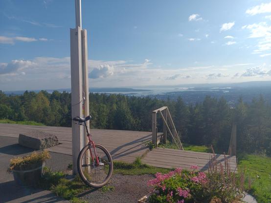 A view down over Oslo on a sunny day, from a high point. In the foreground is a unicycle leaning on a flag pole and some flowers. 