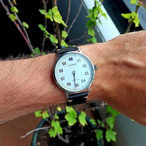 Decimal watch with a large white dial and a single blue hand, on a slightly hairy wrist. On a black leather strap with cream coloured stitches near the lugs. There is a small green plant in the background. 