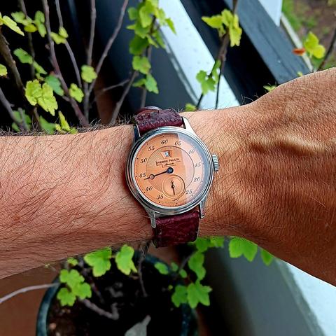 Jump hour watch with a textured salmon/bronzed coloured dial. Blue minute and seconds hand (the latter on a small sundial), worn on a slightly hairy wrist. Mounted on a salmon skin burgandy strap. There is a small green plant in the background. 