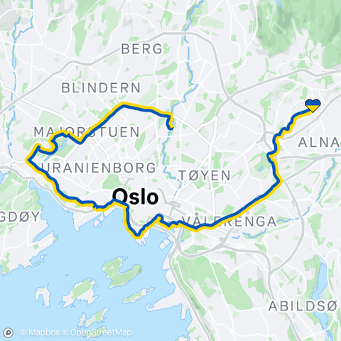 A map of Oslo with a route around a large part of it. The route's colours are marked out in yellow and blue to represent the colours of the Ukrainian flag.