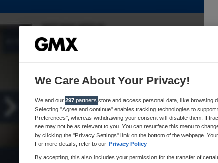 GMX cookie dialog mentioning how they care privacy and then in the small print mentioning 297 partners.