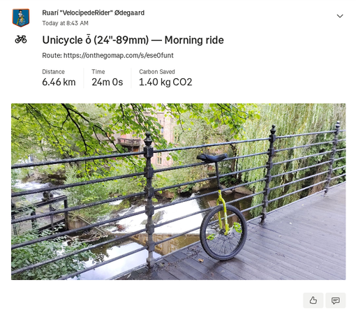 Screenshot from Strava of a unicycle leaning on metal railings above a bridge with trees around. Strava has some stats for distance (6.46km), and time (24 minutes).