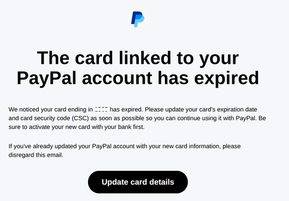 Screenshot from PayPal email asking me to update my card details and providing a button to login.