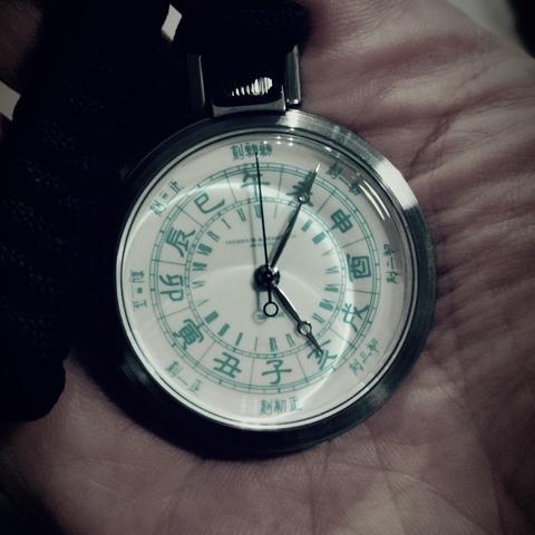 A 24 hr pocket watch resting I my palm, with Chinese characters and Roman Numerals on the dial. The image has a with a "vintage filter" applied.