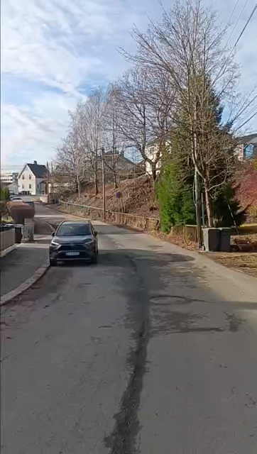 A neighbourhood in the spring. A video shows the road ahead and surrounding area, then pans down to show that the person filming is on a unicycle. Then the camera pans up again and the film ends. 
