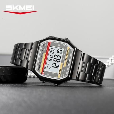 Advert for a Skmei digital watch. The time shown is 12:83. 