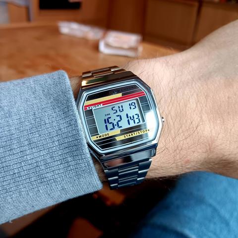 Skmei clone of a Casio A168WEHA-9AEF with a mirrored finish and hello and red accents. 