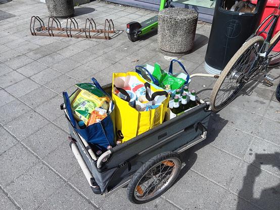A bike trailer full of groceries. 