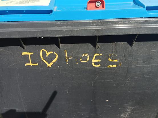 Some graffiti on a dumpster stating "I ❤️ hoes" in yellow, with the final word slightly hard to read because it is partially worn away.
