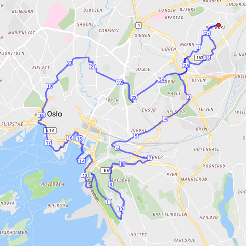 Map of Oslo with a route around it marked out in blue.
