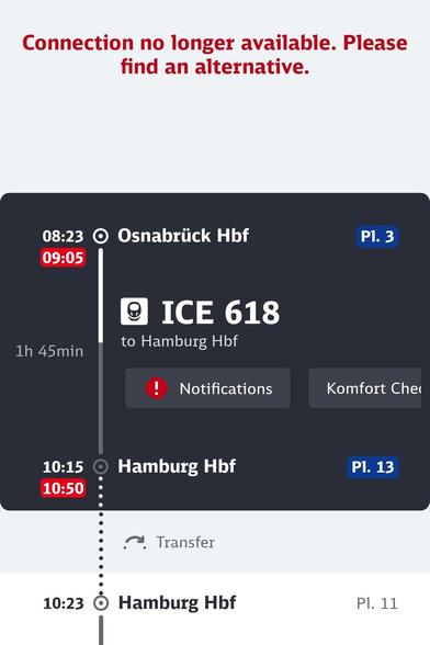Screenshot showing failed transfer due to short transfer and very delayed train. 