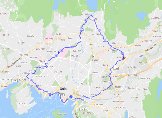 A map of the Oslo area with a route traced around it in blue with KM markers.
