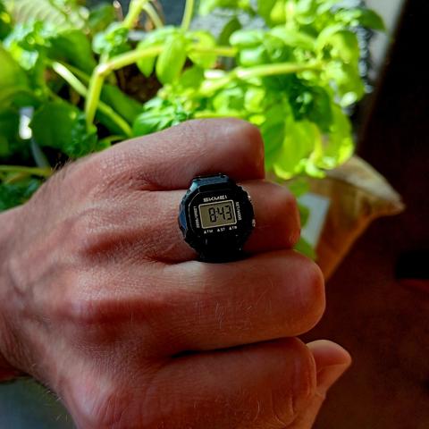 A hand closed as a fist wearing a digital ring watch on the ring finger, showing the time as 8:43. In the background is a green plant.
