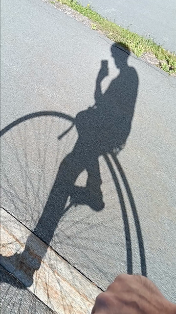 Shadow from a penny farthing and rider as their cycle along. 