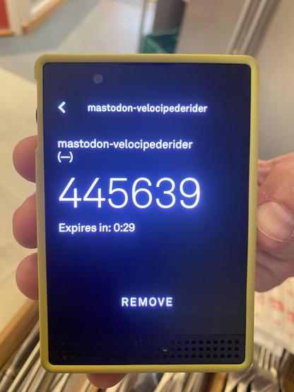 Lightphone III authenticator app, showing a OTP (one time passcode) for Mastodon (VelocipedeRider) account. Below is a big area that states, "REMOVE"
