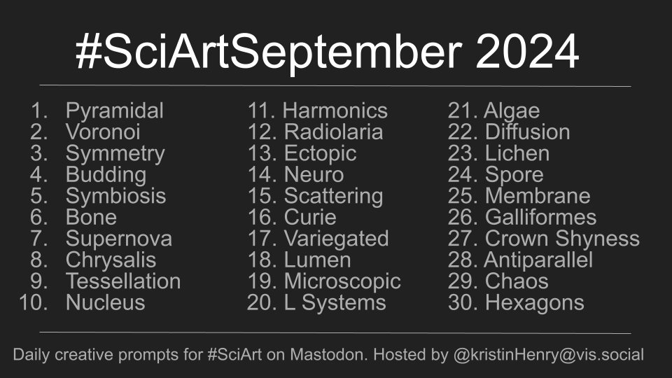 #SciArtSeptember 2024. Daily creative prompts for #SciArt on Mastodon: 1. Pyramidal
2. Voronoi
3. Symmetry
4. Budding
5. Symbiosis
6. Bone
7. Supernova
8. Chrysalis
9. Tessellation
10. Nucleus
11. Harmonics 
12. Radiolaria
13. Ectopic
14. Neuro
15. Scattering
16. Curie
17. Variegated
18. Lumen
19. Microscopic
20. L Systems
21. Algae
22. Diffusion
23. Lichen
24. Spore
25. Membrane
26. Galliformes
27. Crown Shyness
28. Antiparallel
29. Chaos
30. Hexagons

