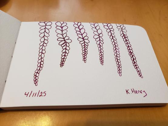 Hand drawn generative/procedural art in ink on an open page of my sketchbook. The abstract pattern is inspired by flowers.