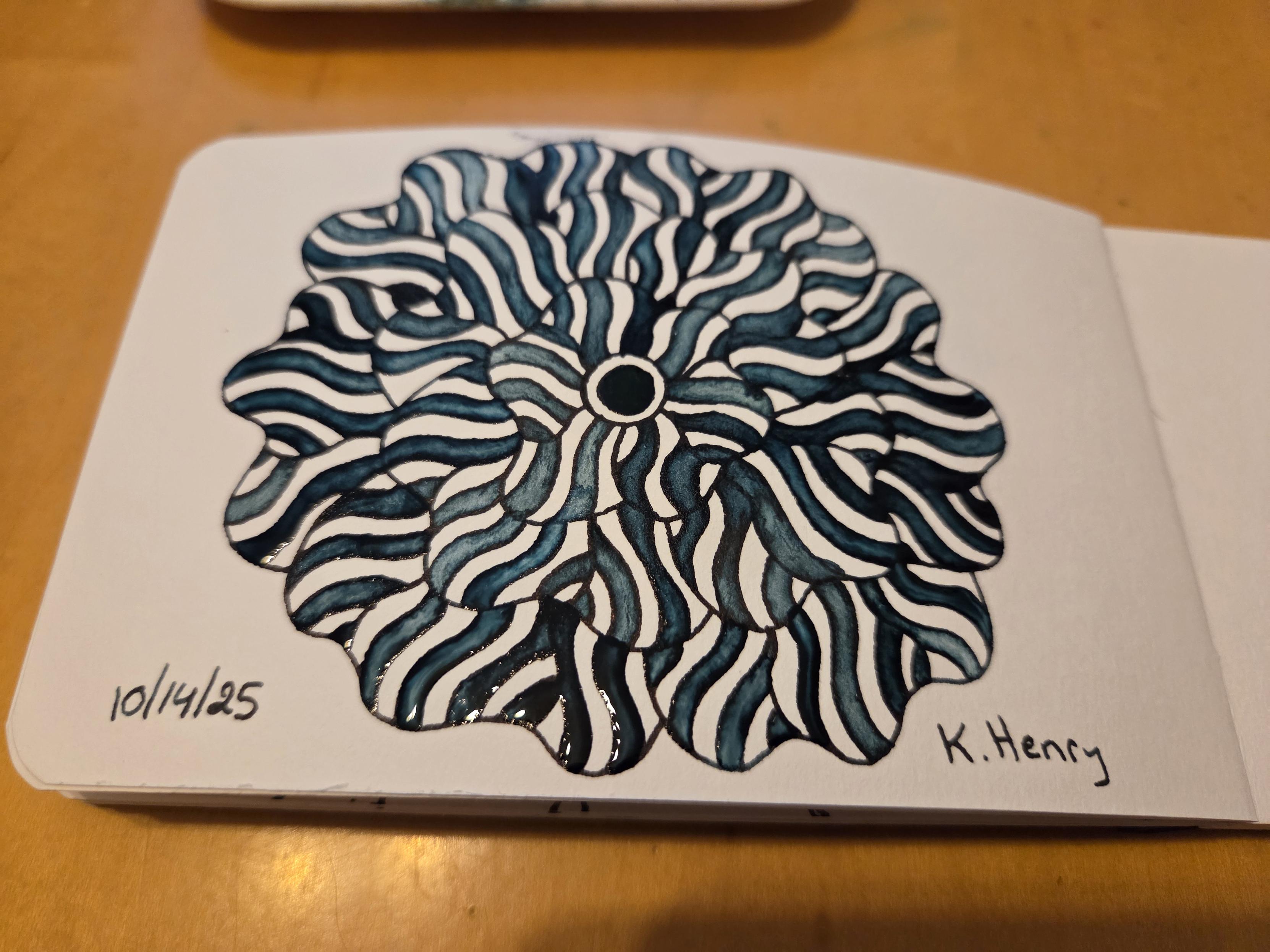 Hand drawn generative/procedural art in ink on an open page of my sketchbook. The abstract pattern is floral.