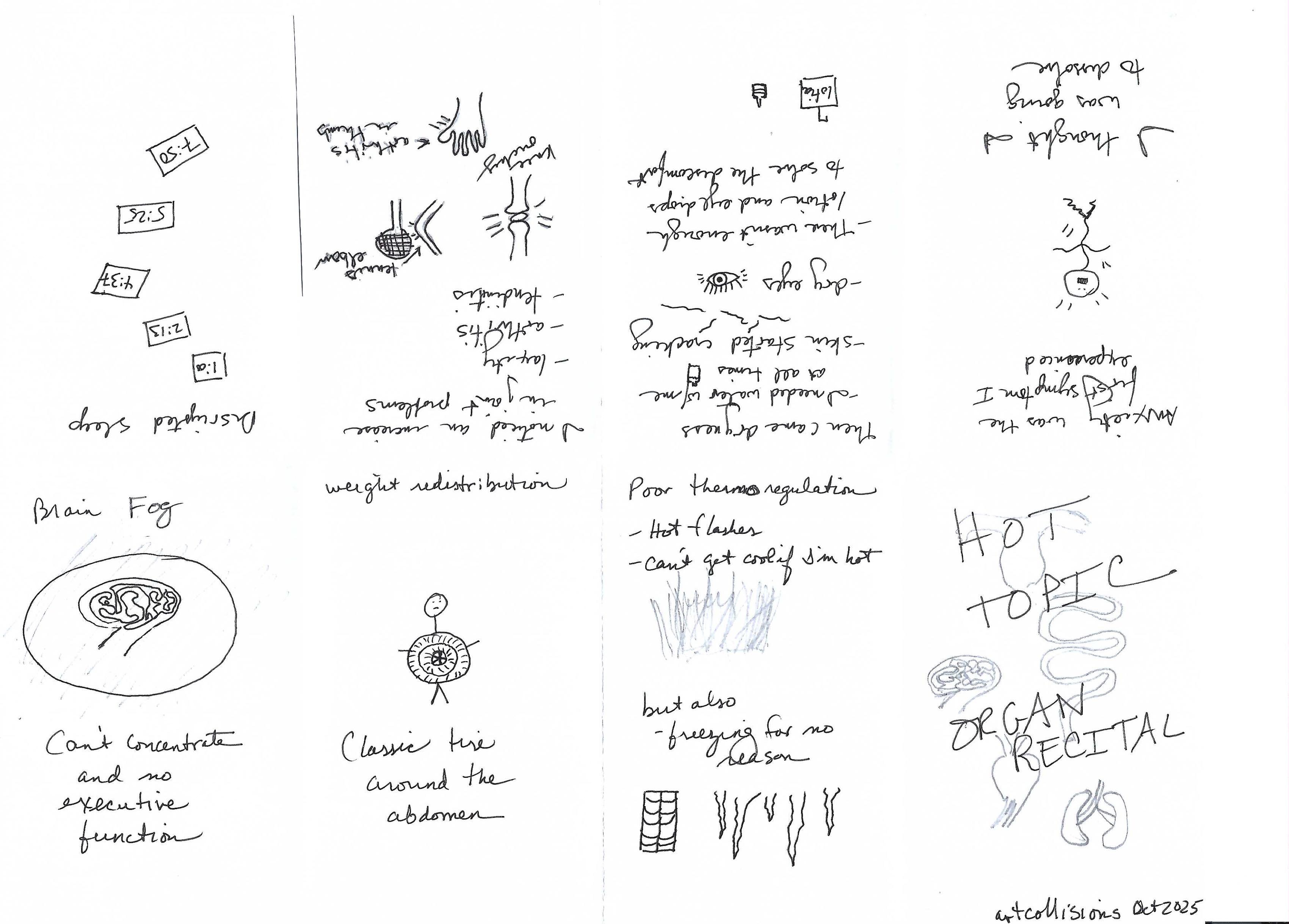 Mini zine folded flat. There are 8 panels. On the bottom is "Brain Fog" with a brain sketch with a pencil fog over it, says"Can't concentrate and no executive function. 
Next to brain fog is "weight distribution". Stick figure sketch with a tire taking up their midsection. Says "classic tire around the abdomen"
Then there is Poor thermoregulation. -Hot flashes and -can't get cool if I'm hot. A sketched fire is underneath that. But also, -freezing for no reason with an ice cube tray and icicles.
the last panel on this side is the cover. It says "HOT TOPIC and ORGAN RECITAL". Underneath are pencil sketches of a brain, female reproductive system, intestines, a heart, and kidneys. 
The next panel is Anxiety was the first symptom I experienced. Wiggly stick figure underneath. I thought I was going to dissolve. 
"Then came dryness" I needed water with me at all times (tiny little water bottle) -skin started cracking (sketches of cracks) - dry eyes (sketch of eyeball -There wasn't enough lotion and eye drops to solve the discomfort (sketch of lotion bottle and eye drops)
"I noticed an increase in joint problems -laxity - arthritis -tendinitis (sketch of knee bones with knee ouchy written underneath, sketch of elbow with a tennis racket saying tennis elbow and sketch of a hand with an arrow pointing and words saying "arthritis in thumb" 
The last panel says Disrupted Sleep and has five digital clock faces sort of falling down the panel with times 1:00, 2:13, 4:37, 5:25, and 7:50.
