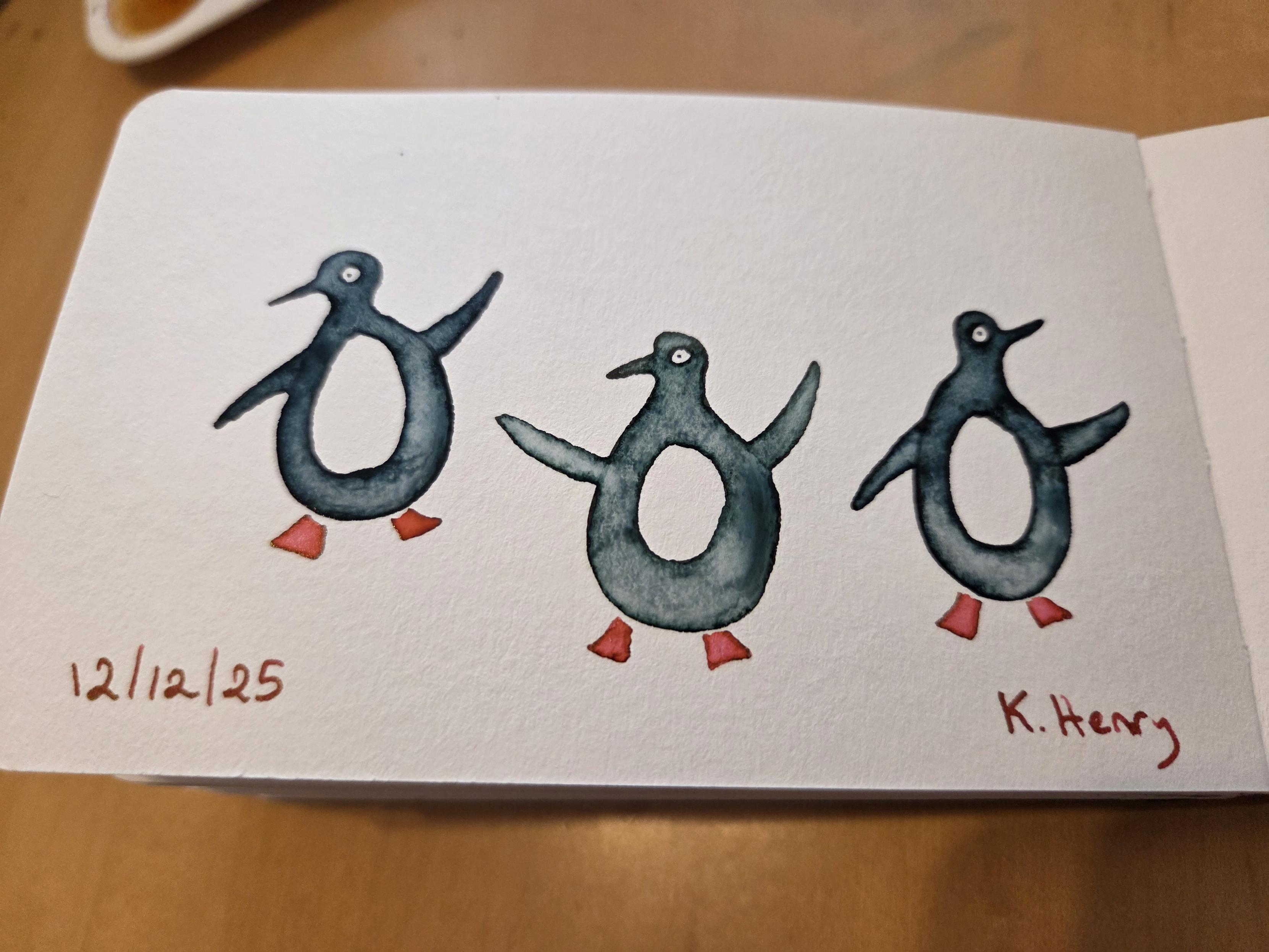 Hand drawn generative/procedural drawing in ink on an open page of my sketchbook. The abstract pattern looks like three dancing penguins.