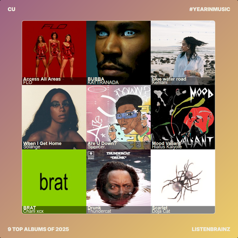 ListenBrainz Year in Music graphic featuring my top 9 albums: "Access All Areas" by Flo, "BUBBA" by Kaytranada, "blue water road" by Kehlani, "When I Get Home" by Solange, "Are U Down?" by Spencer., "Modd Valiant" by Hiatus Kaiyote, "BRAT" by Charli XCX, "Drunk" by Thundercat, and "Scarlet" by Doja Cat.