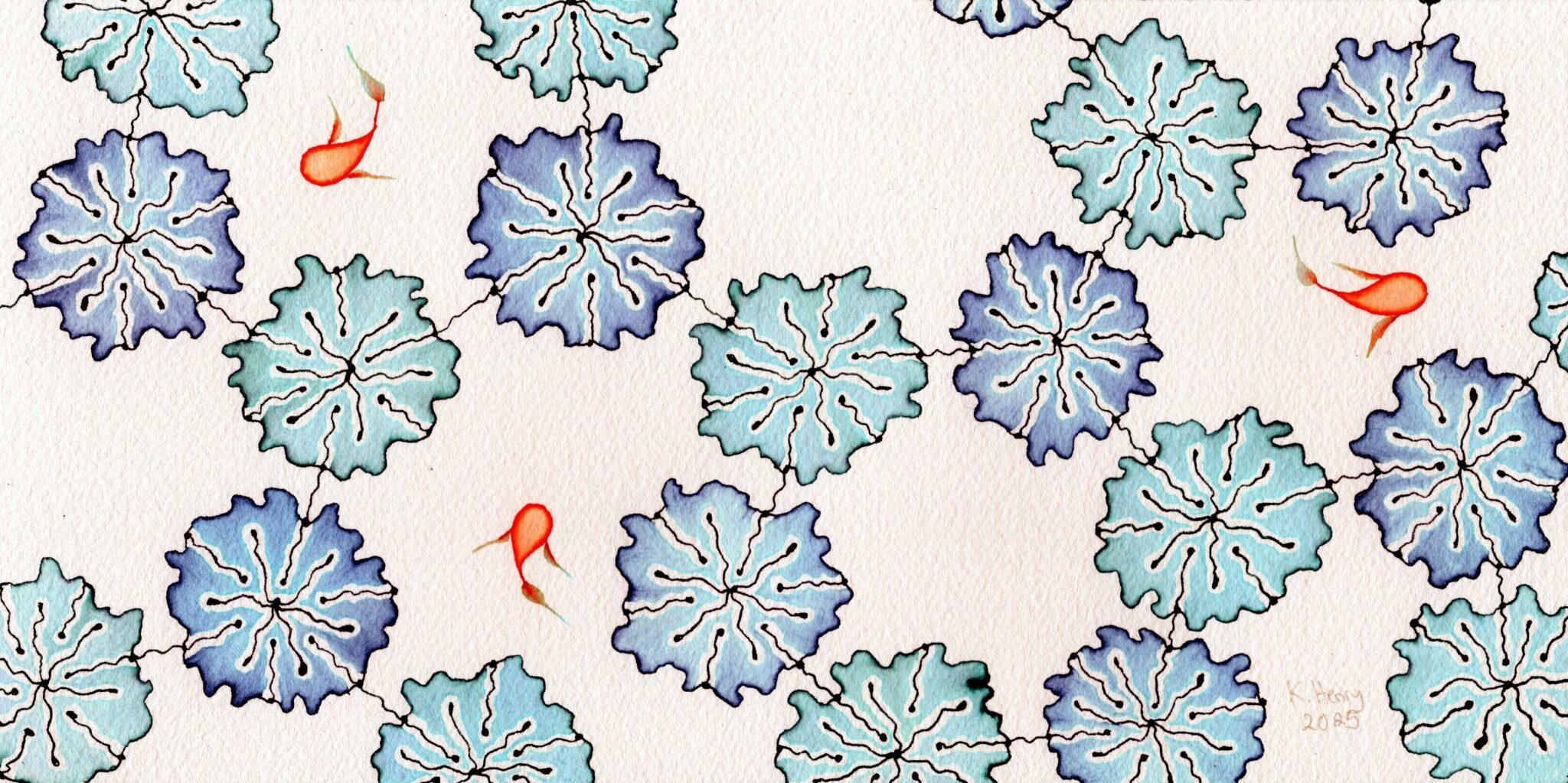 Abstract art that looks a bit like a network or chemistry diagram with flowers and little orange fish.