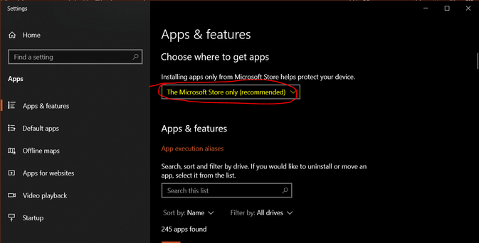 Microsoft Settings window to change Apps & features. I've circled the setting that limits installing apps only from Microsoft Store to “help protect my device”. This is the recommended setting.