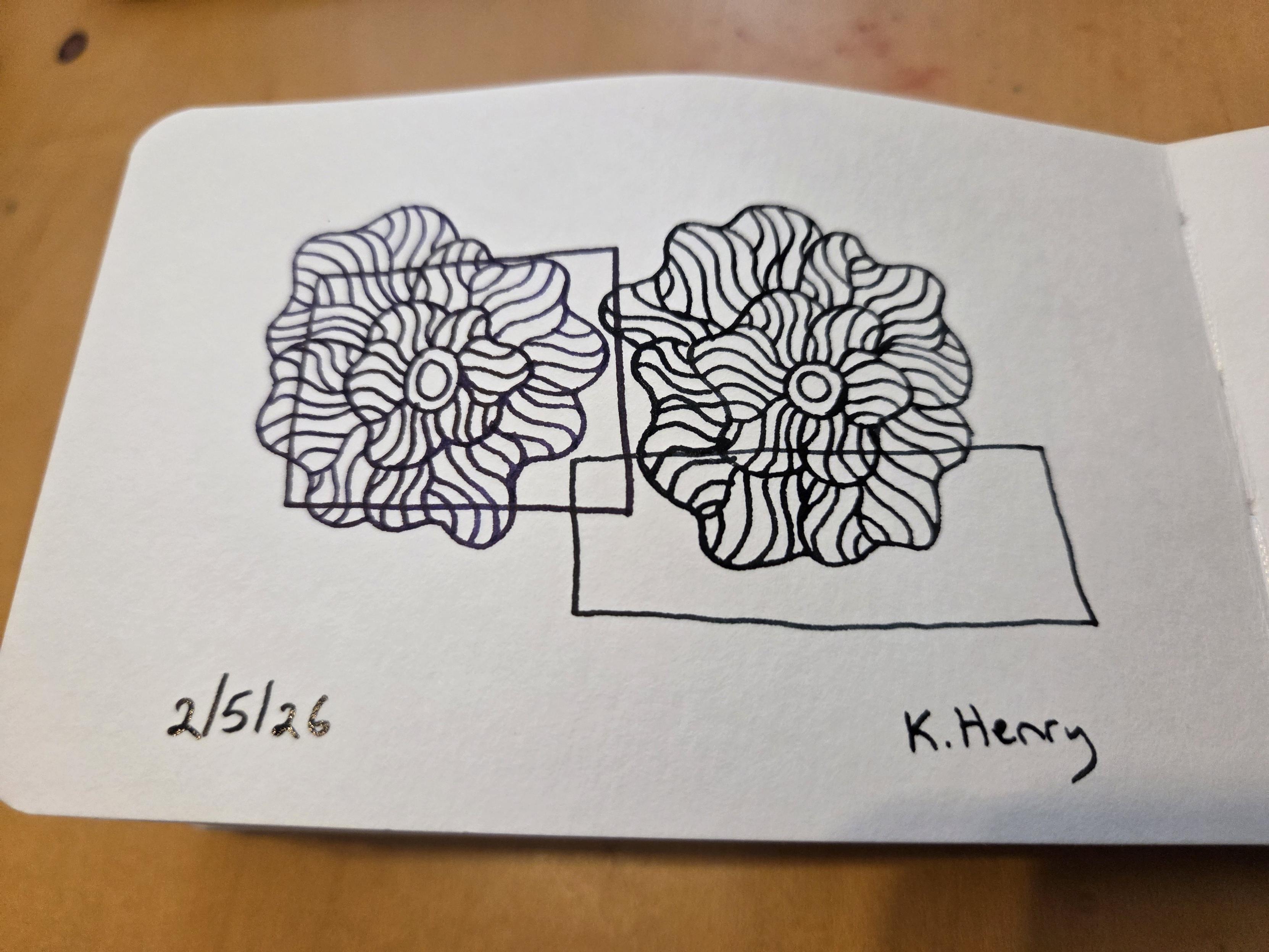 Hand drawn generative/procedural art in ink on an open page of my sketchbook. The abstract pattern has two floral patterns and boxes.
