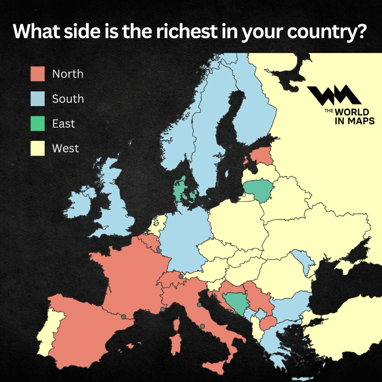 A map of Europe color-coded to indicate which side of each country is perceived as being the wealthiest. Colors represent: North (red), South (light blue), East (green), and West (yellow). The map shows a general trend of wealth being perceived as concentrated in the West for many European countries.