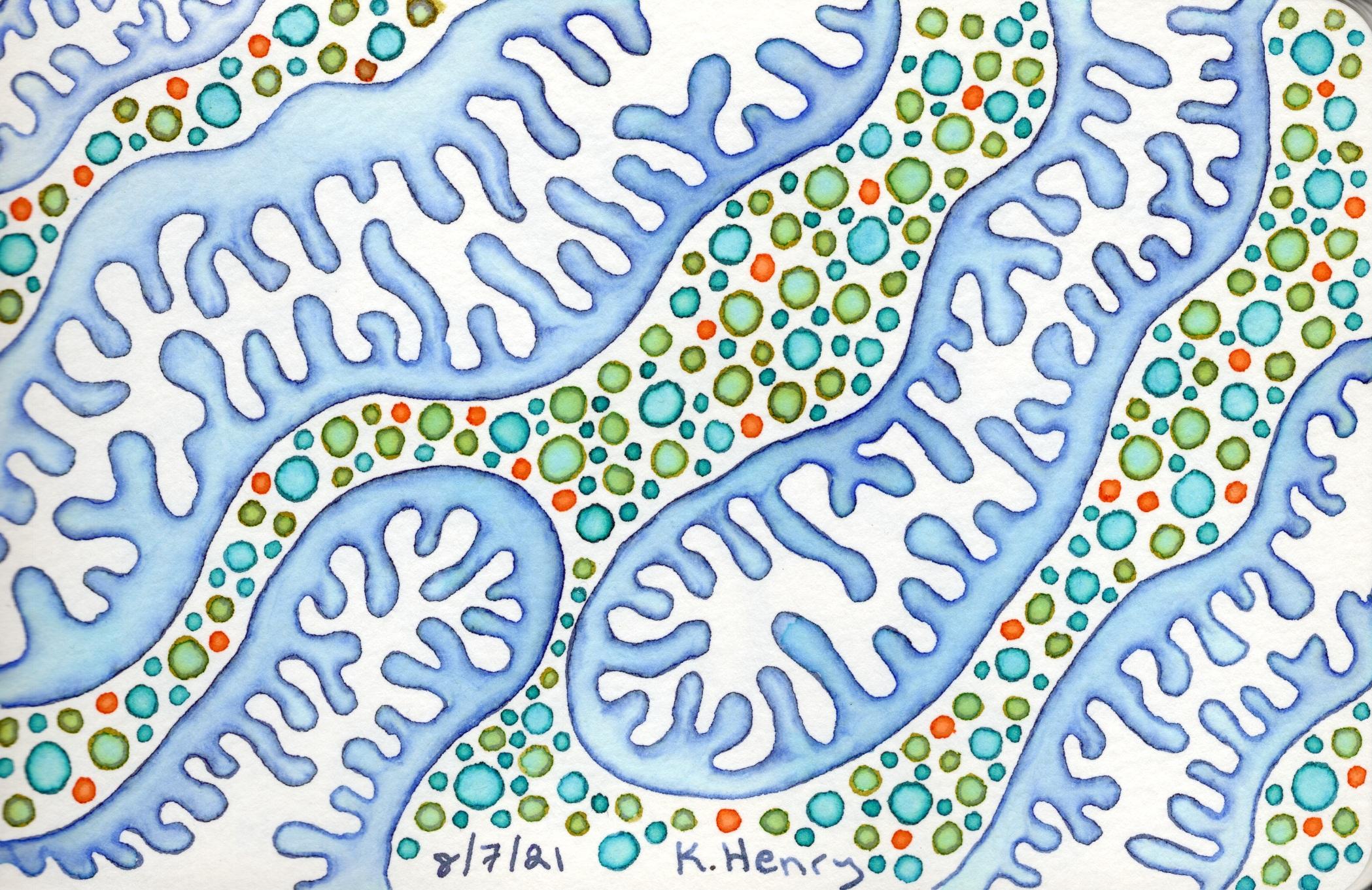Hand drawn generative/procedural art in ink on paper. The abstract patterns look a bit like microscopic mitochondria in a cell.